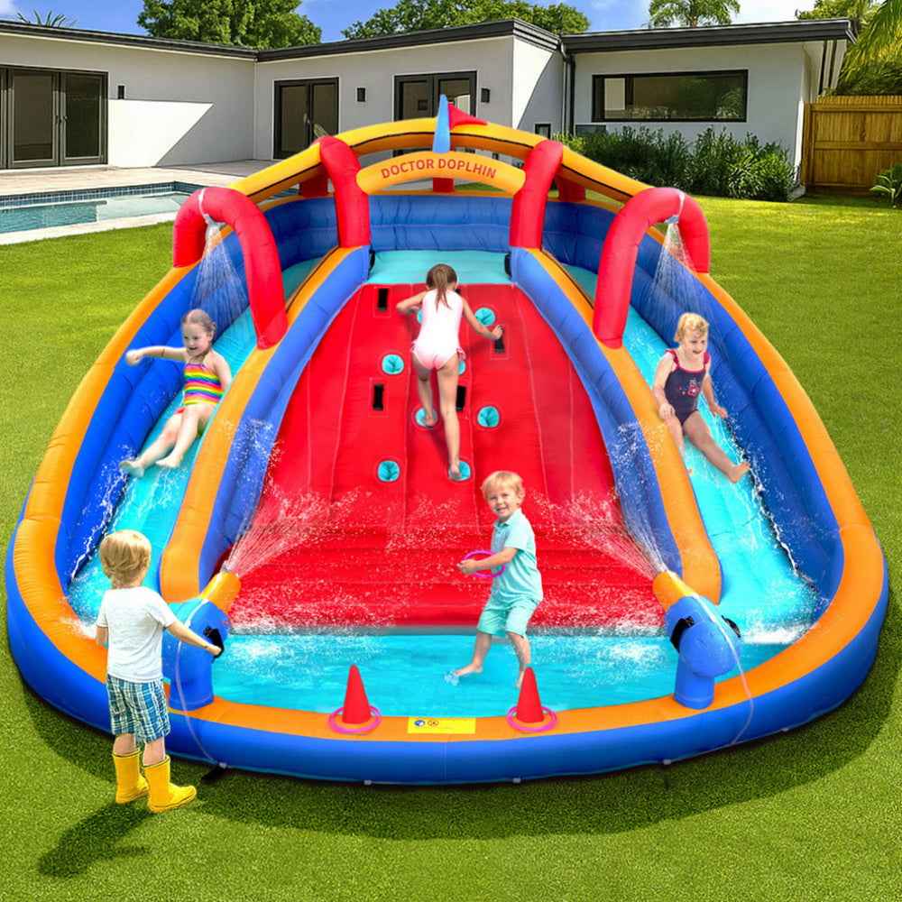 Inflatable water slide splash pool with children playing and water jets splashing