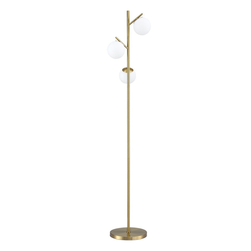 Side view of a 3-light glass globe floor lamp with white spheres and gold base