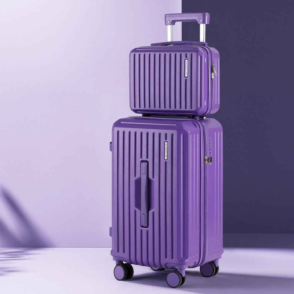 Purple two-piece carry-on luggage set stacked, ribbed shells, telescoping handle.