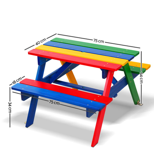Colorful kids picnic table with two benches and long tabletop, shown from above.