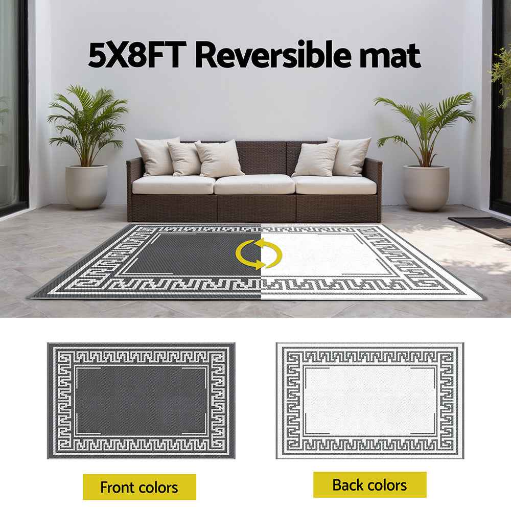 Reversible outdoor rug with front and back color options, Greek key border, 5x8 ft
