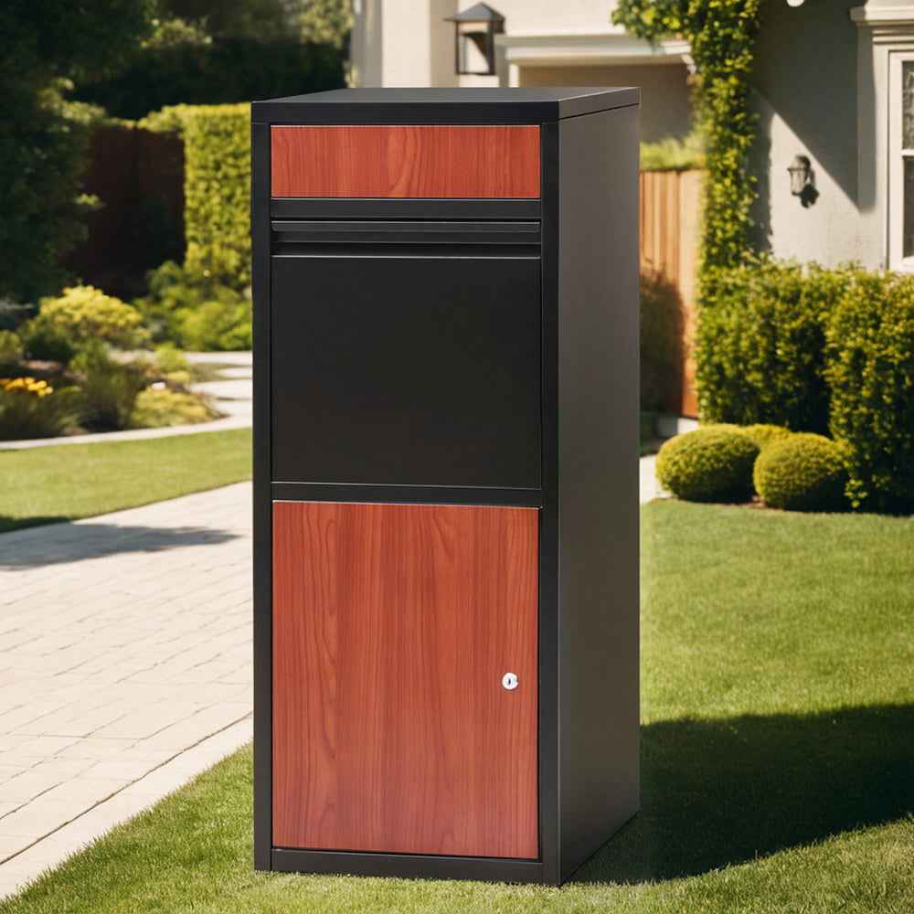 Black parcel drop box with wood front door and top mail slot