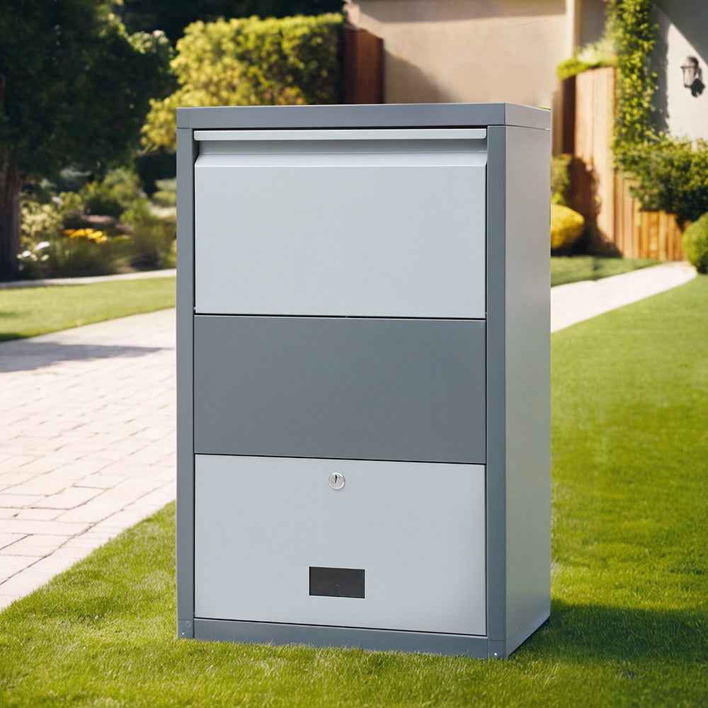 Grey steel parcel and letterbox drop box with front mail slot, standing unit