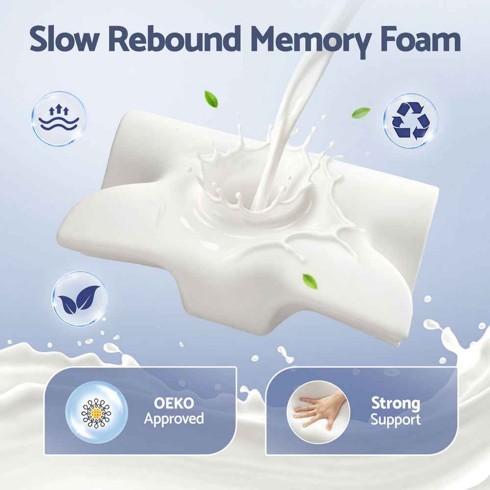 Slow-rebound memory foam pillow with contoured shape and ventilation detail, white.