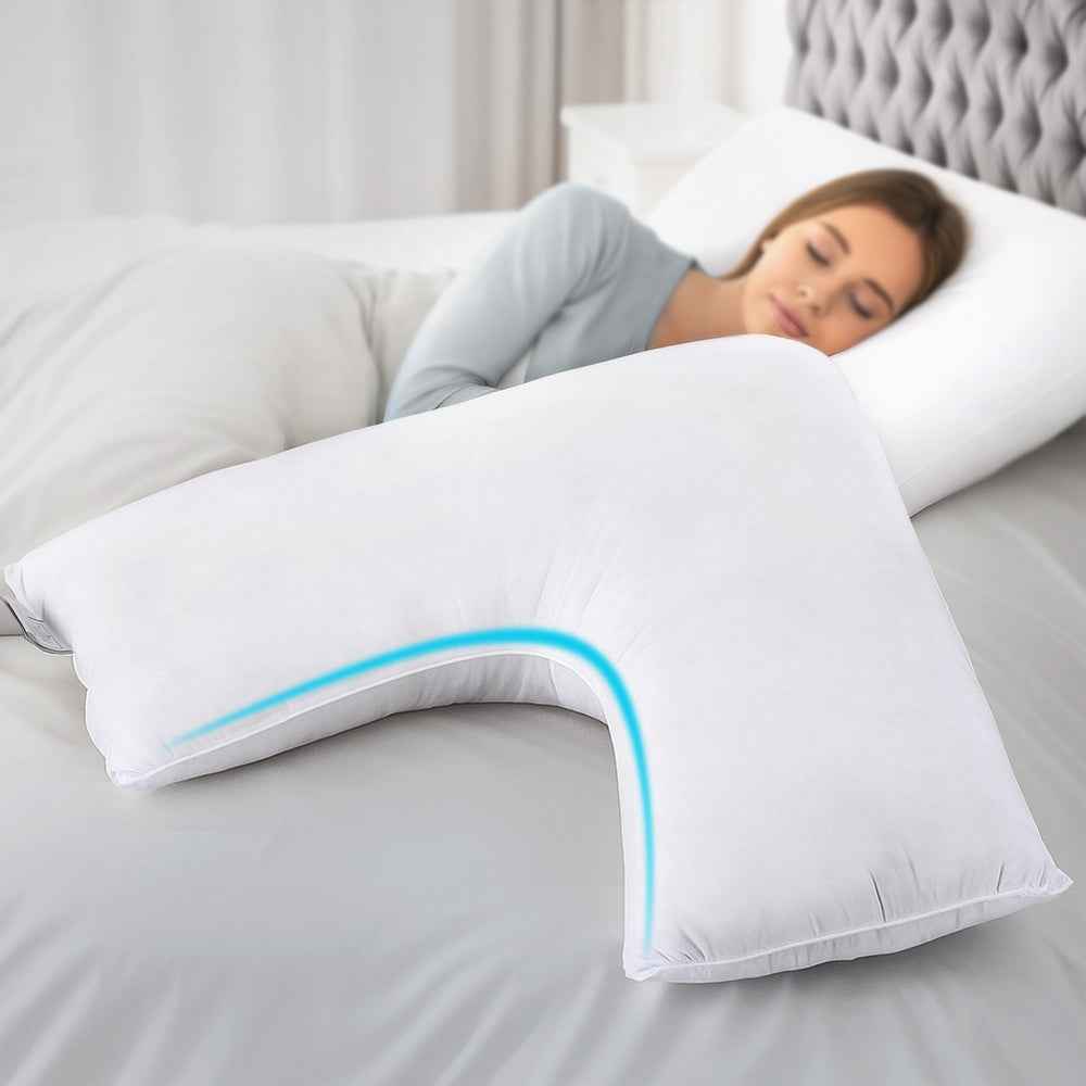 White boomerang nursing body cushion with blue contour line along the curve