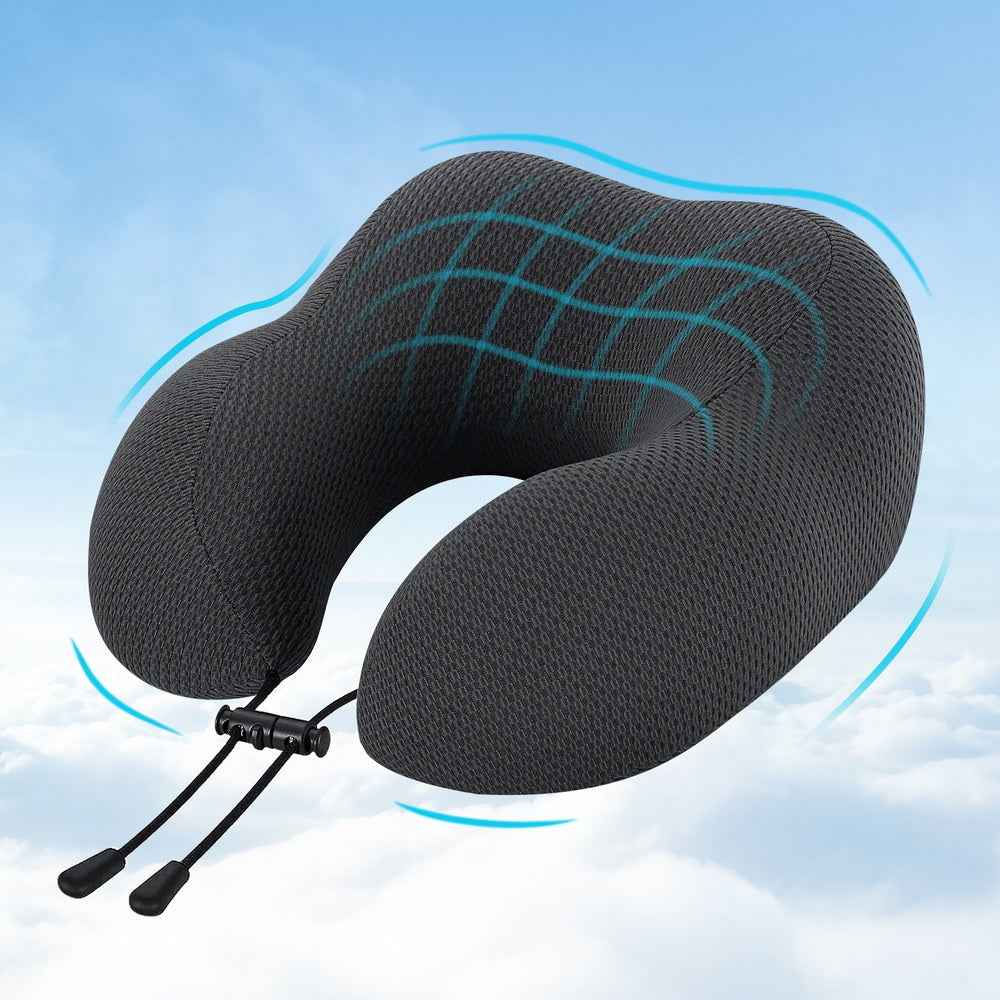 U-shape travel neck pillow, dark gray knit, rope-lock strap, contoured support