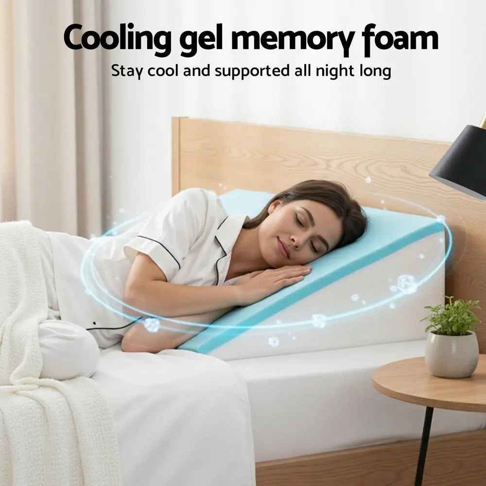Light blue wedge pillow with contoured lounging support surface