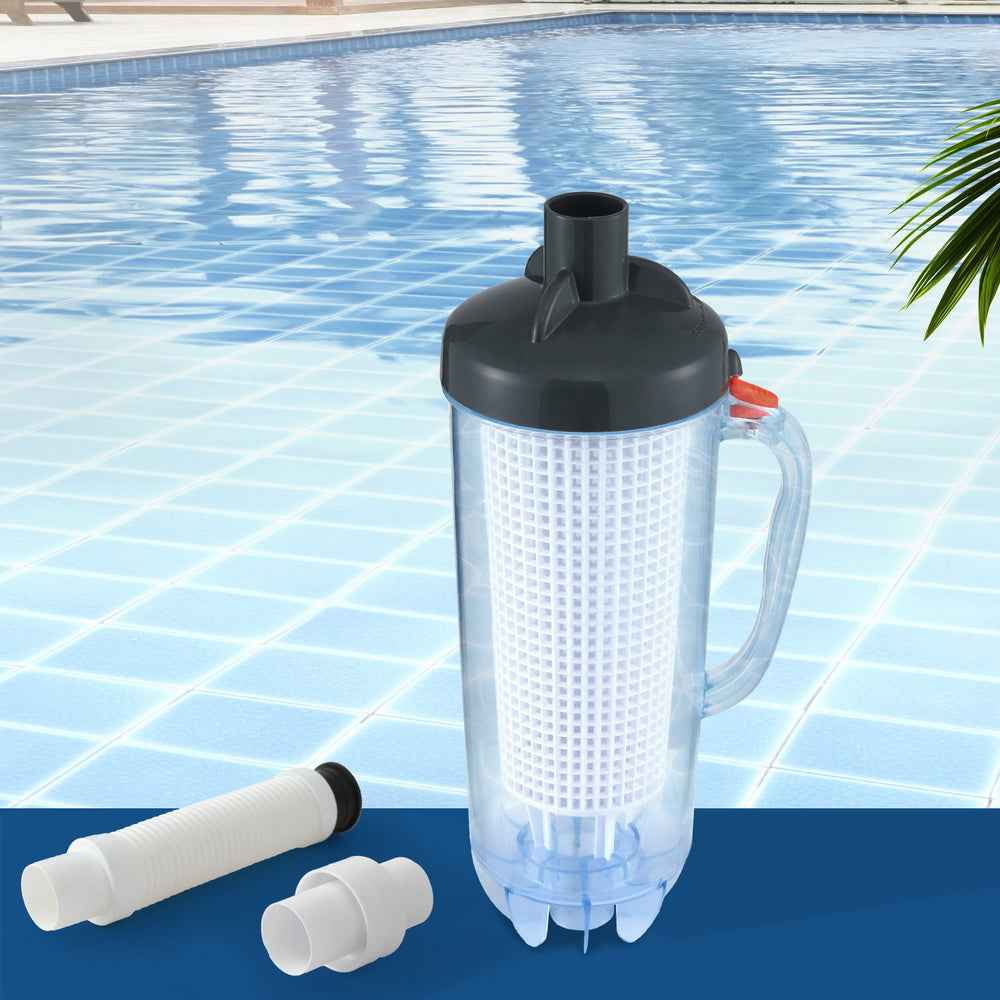 Pool leaf canister cleaner with clear canister, white mesh basket, and two white hose nozzles