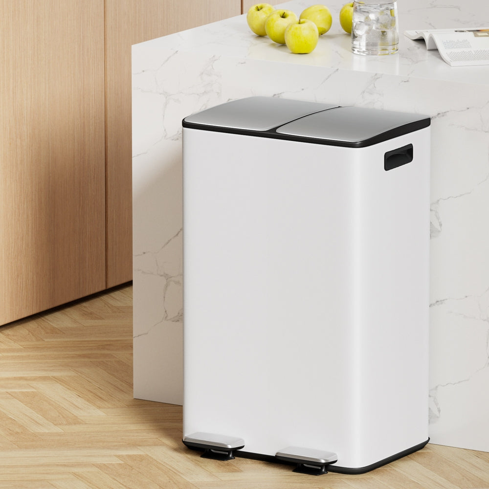 Cefito Pedal Bins Rubbish Bin Dual Compartment Waste Recycle Dustbins 60L White metrodealsau