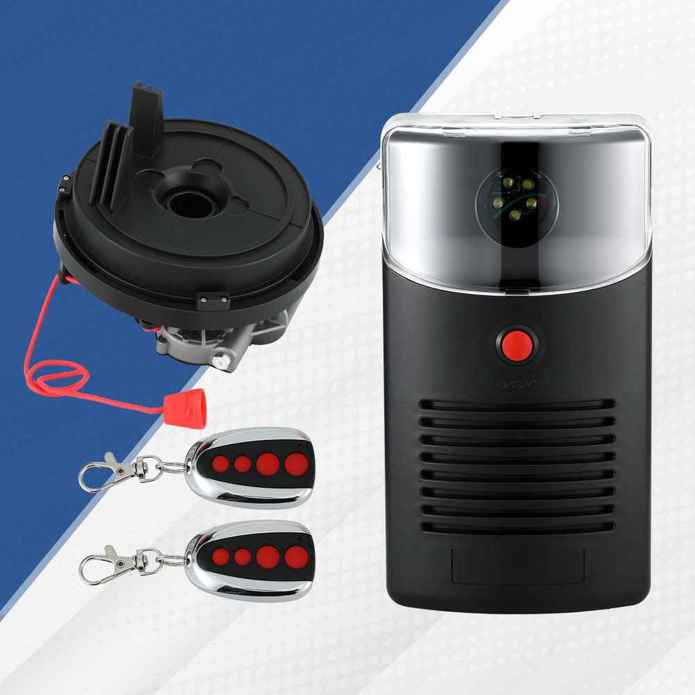 Garage roller door opener motor with two remotes and red release cord, black and silver
