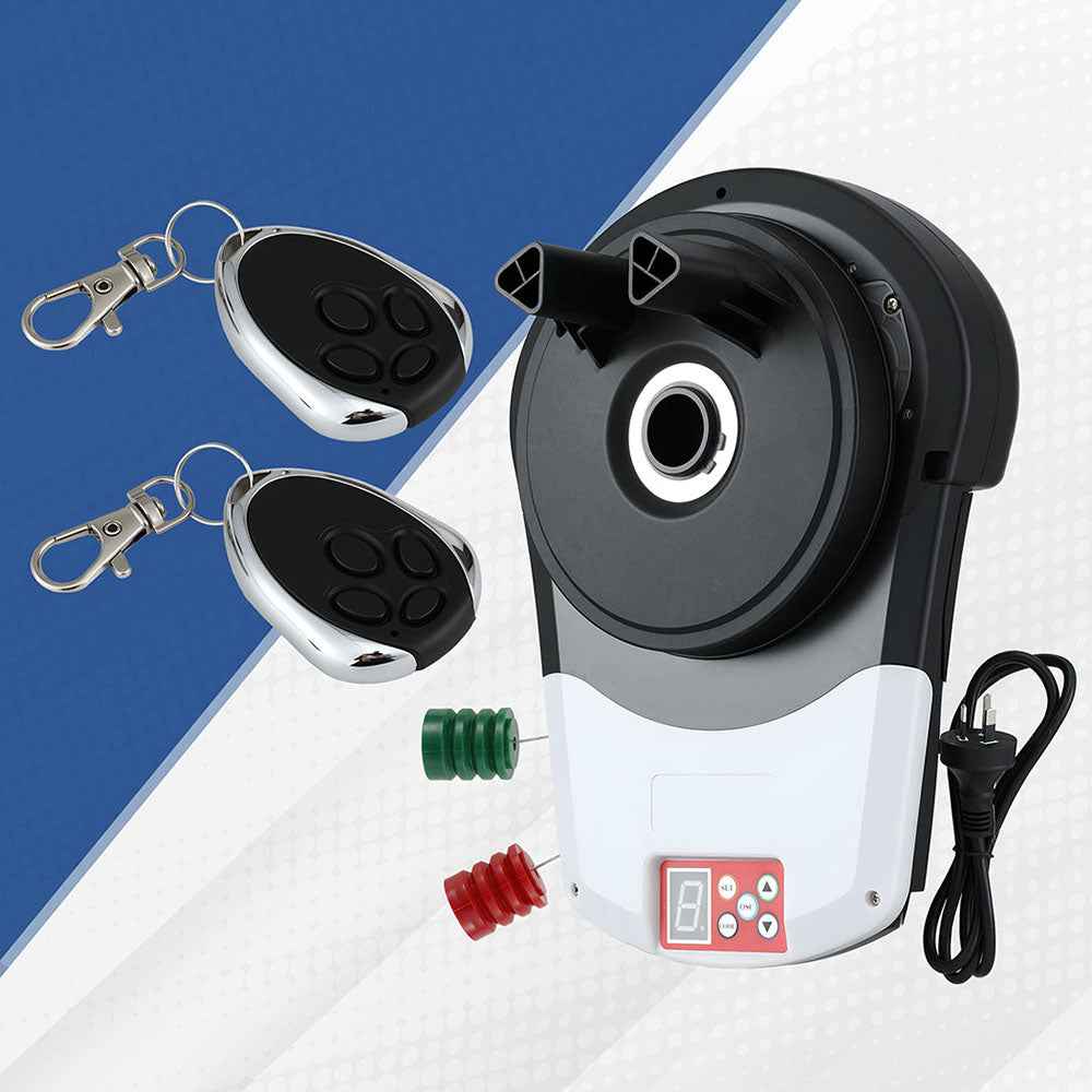 Garage roller door opener motor kit with two remote key fobs, cords, and power plug