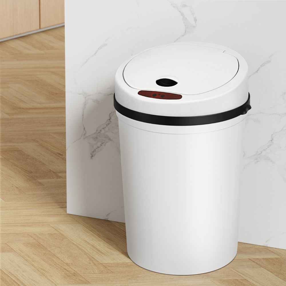 White automatic sensor trash can with round sensor lid and black trim
