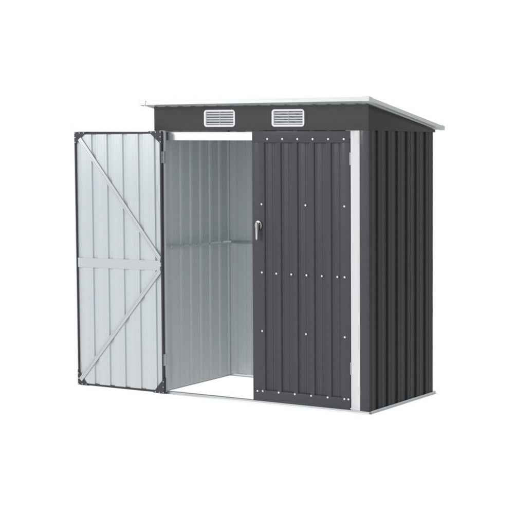 Metal garden shed with double doors closed, dark gray corrugated panels and roof vents