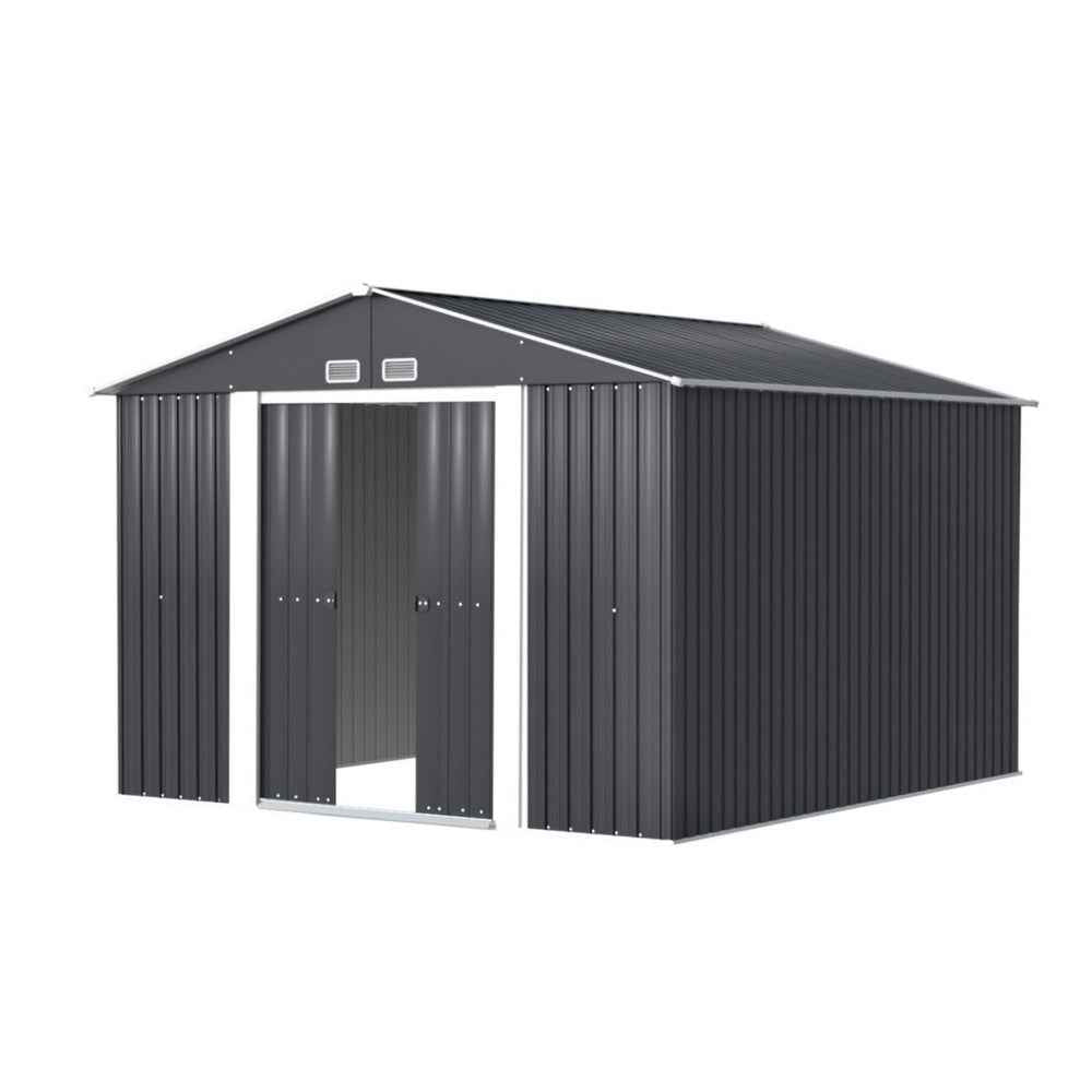 Dark grey metal garden shed with gable roof and sliding double doors closed