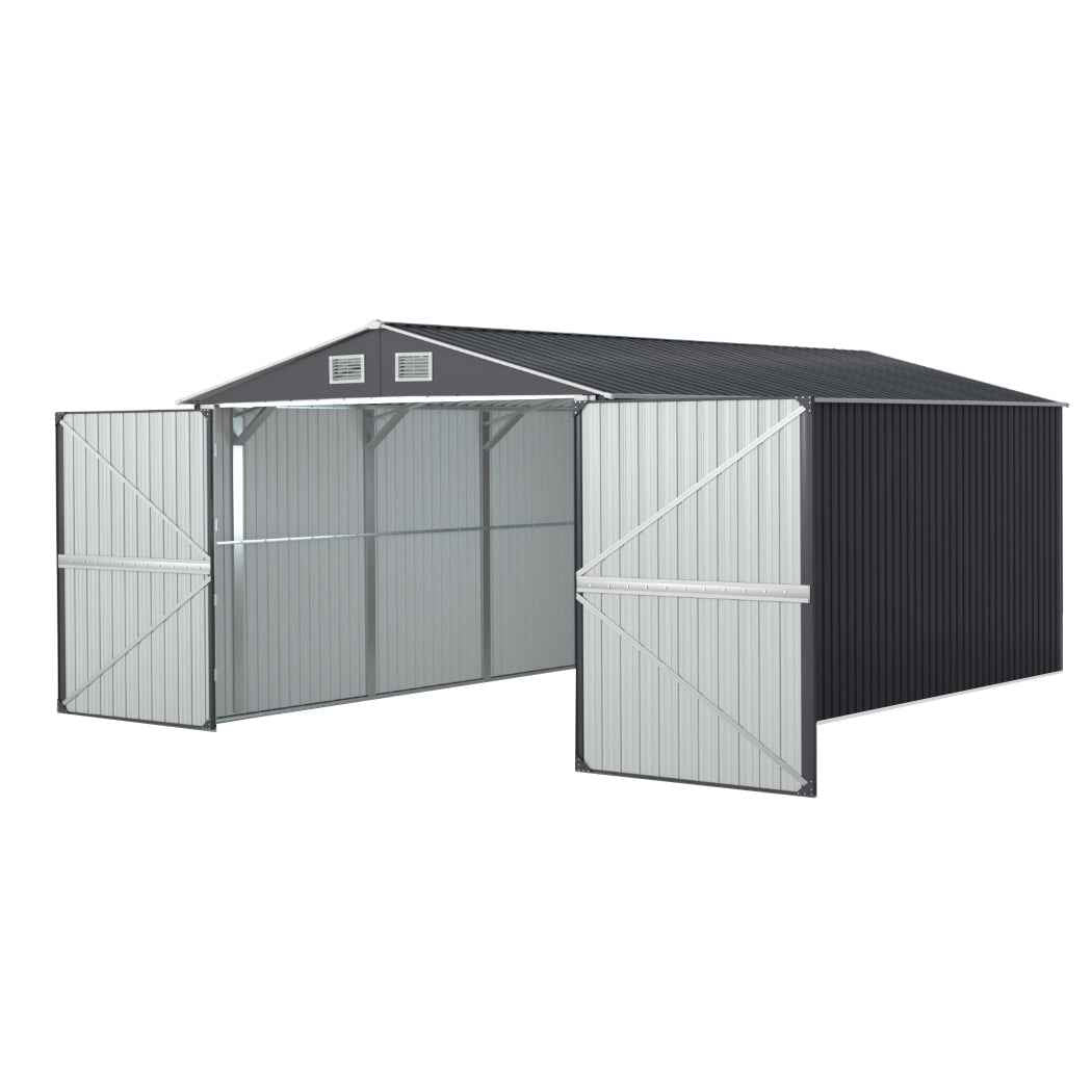 Outdoor storage shed with wide open front, dark gray walls, light gray double doors