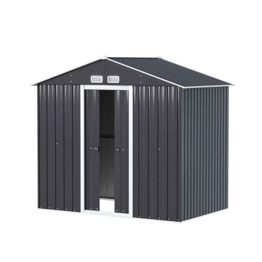 Dark gray metal garden storage shed with gable roof and sliding door