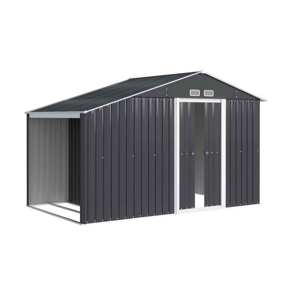 Dark gray metal garden shed with gable roof and front sliding door, outdoor shelter