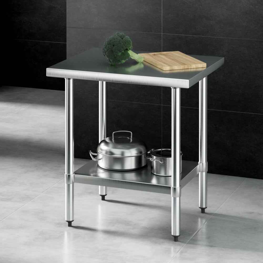 Stainless steel kitchen bench with lower shelf and four legs, brushed tabletop