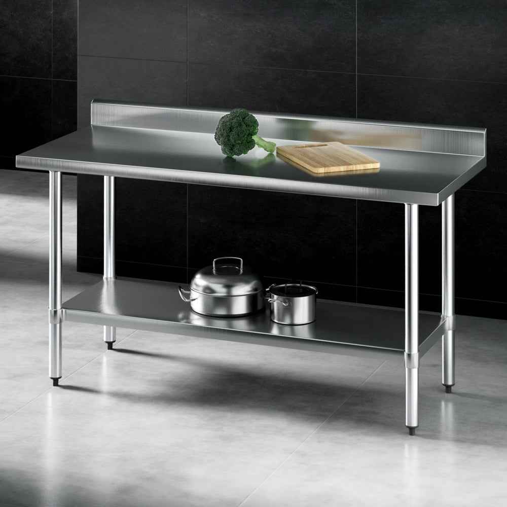 Stainless steel kitchen bench with splashback and two shelves, metal legs and frame