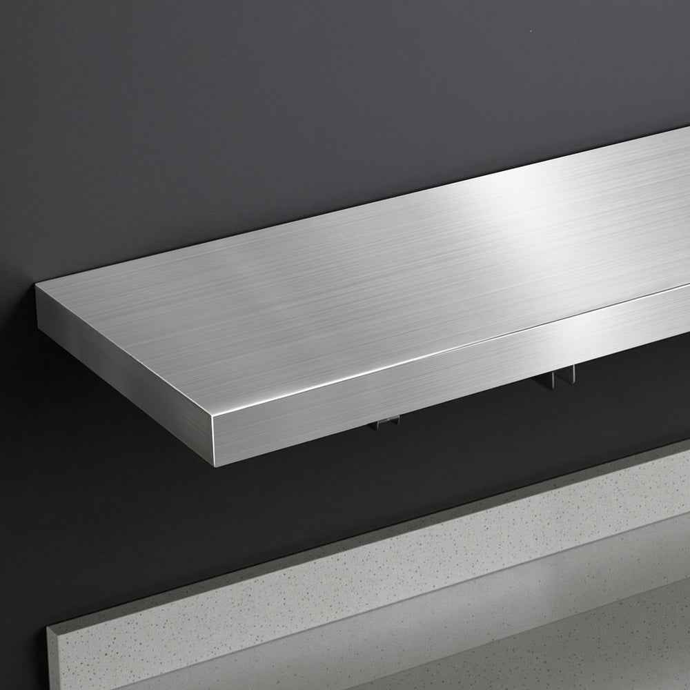 Stainless steel wall shelf with brushed finish and thick flat front edge