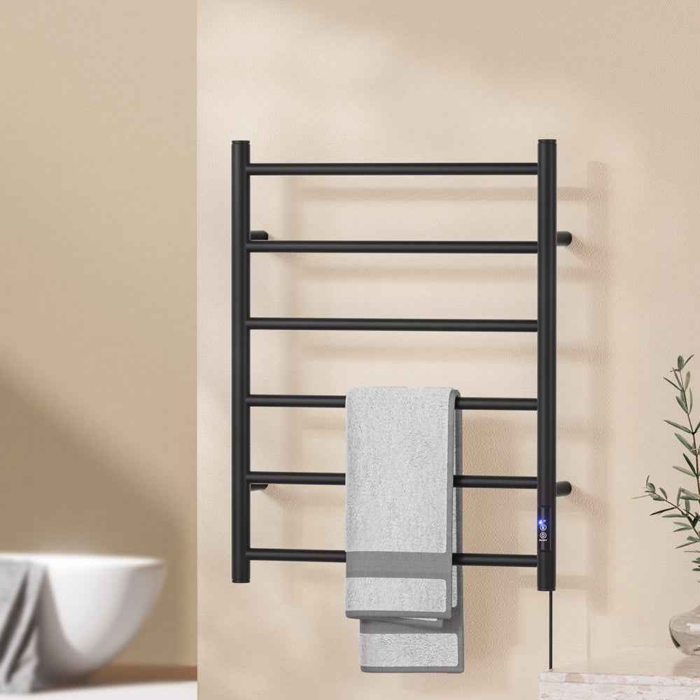 Black electric towel warmer rack with multiple round bars and folded towels