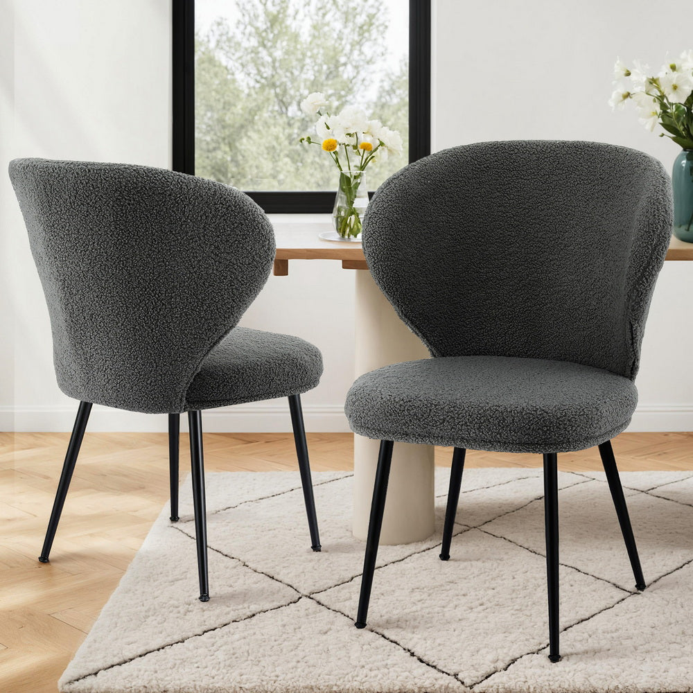 Artiss 2x Dining Chairs Sherpa Boucle Wing Back Grey