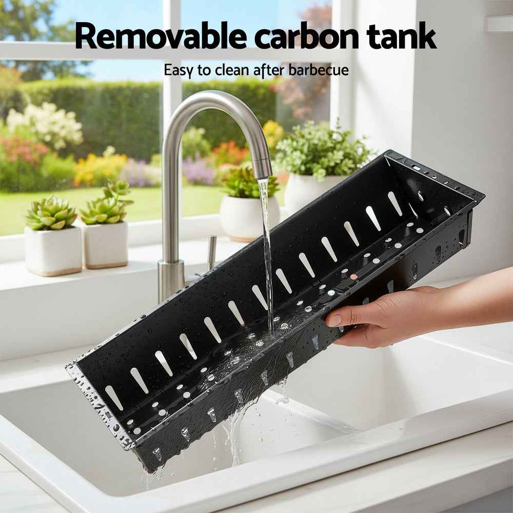 Removable carbon tank tray for BBQ grill, black metal with vent holes