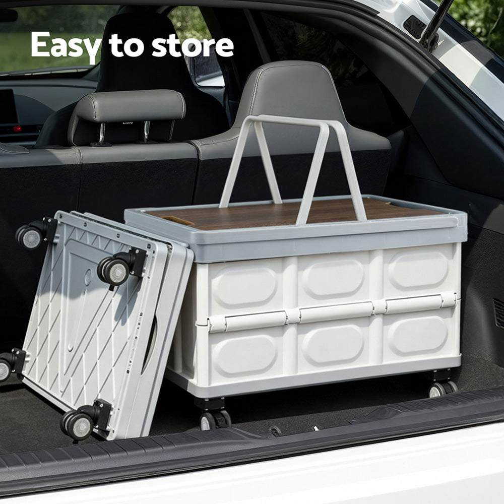 Gardeon Collapsible Outdoor Storage Box 54L Stackable Folding Camping Organizer Wheels Plywood Lid Beige metrodealsau