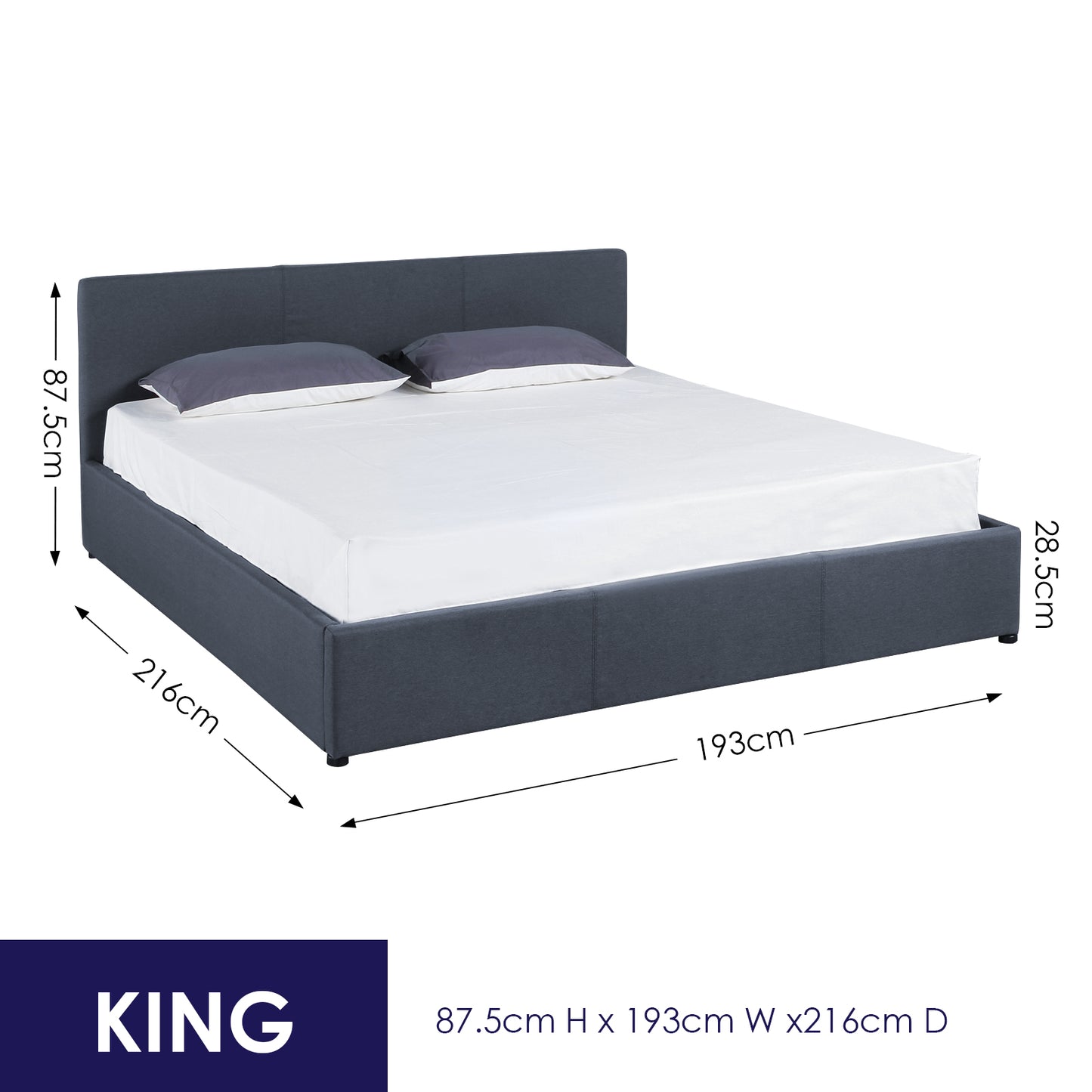 Milano Luxury Gas Lift Bed Frame And Headboard Double Queen King Black Dark Grey - King - Black
