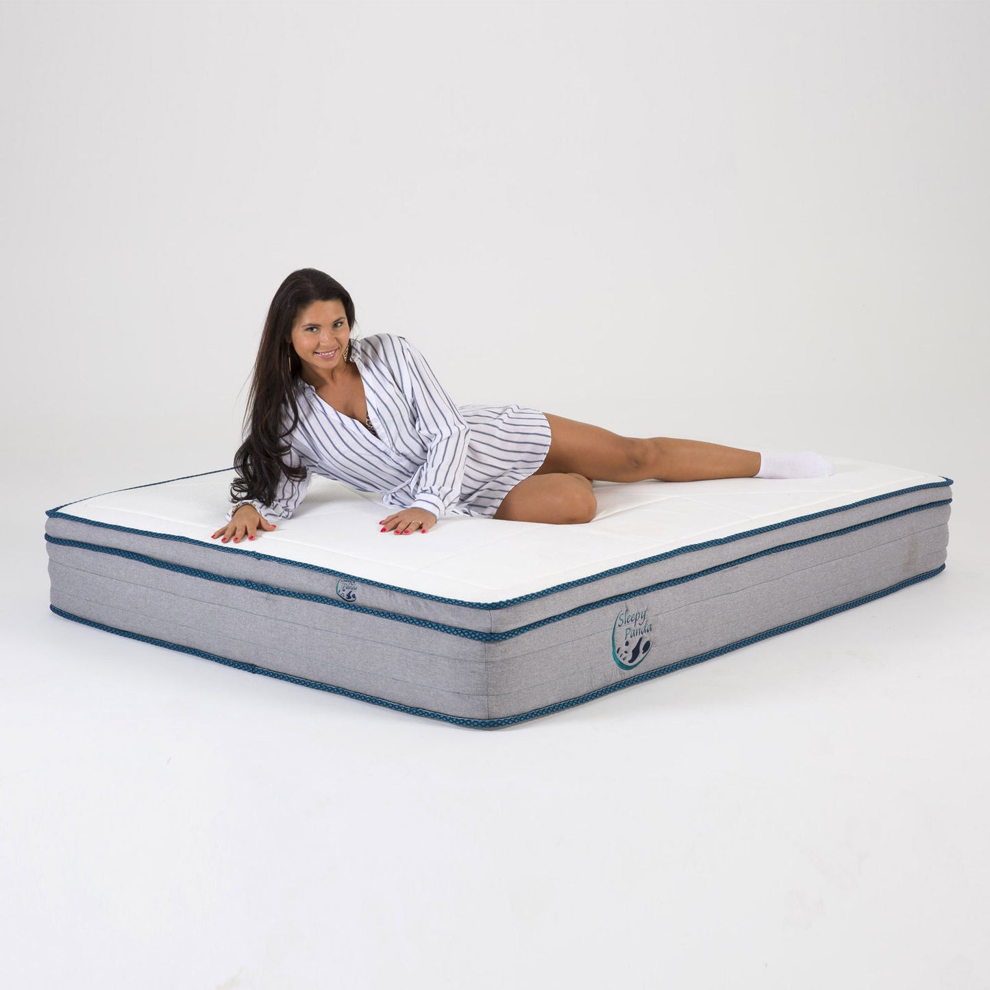 Sleepy Panda Mattress 5 Zone Pocket Spring EuroTop Medium Firm 30cm Thickness - Single - White Grey Blue