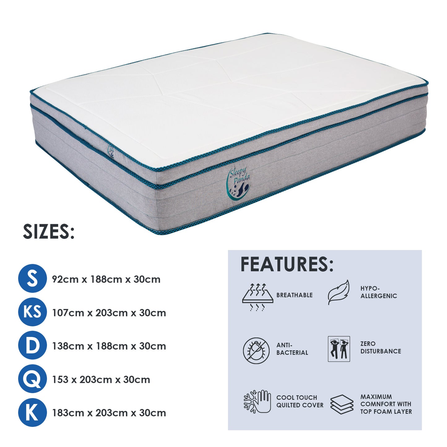 Sleepy Panda Mattress 5 Zone Pocket Spring EuroTop Medium Firm 30cm Thickness - King - White Grey Blue