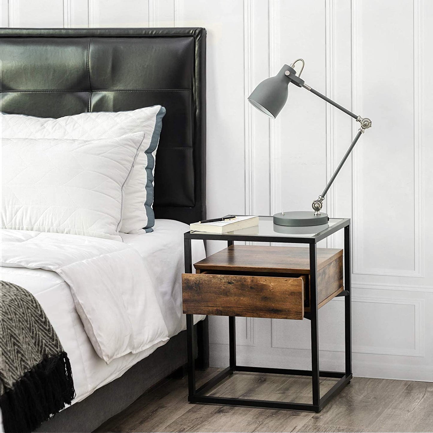Tempered Glass End Table with Drawer and Rustic Shelf Stable Iron Frame