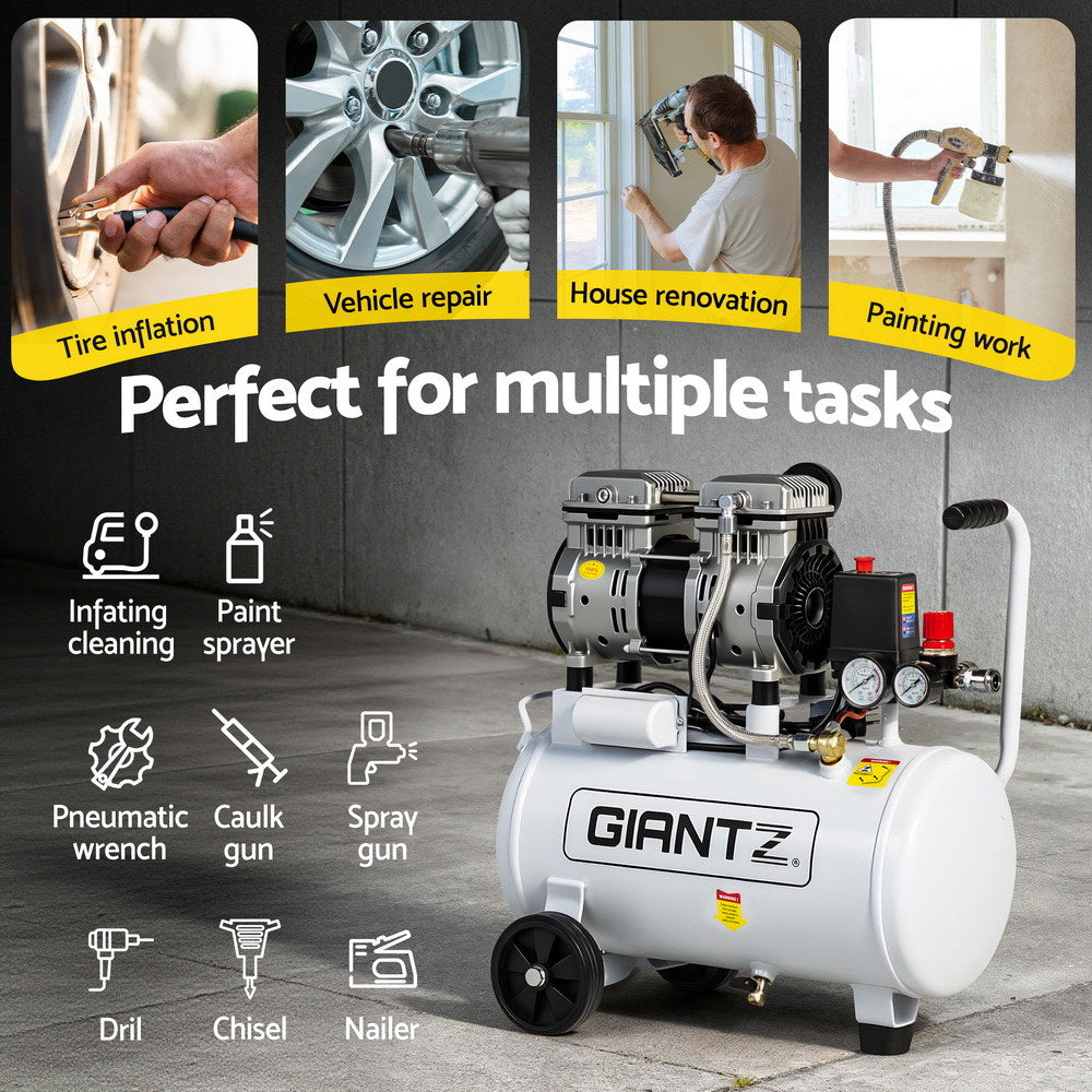 Giantz 24L Air Compressor Quiet 0.75HP Oil-Free Portable Tyre Inflator 40L/Min