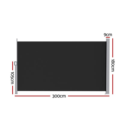 Instahut Side Awning Sun Shade Outdoor Retractable Privacy Screen 1.8X3M Black