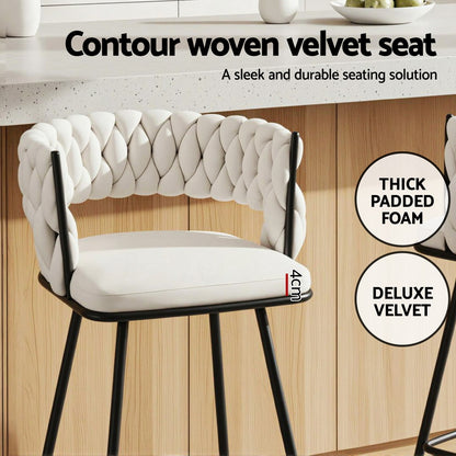 Artiss 4x Bar Stools Kitchen Dining Chair Counter Stool Woven Velvet Metal Ivory
