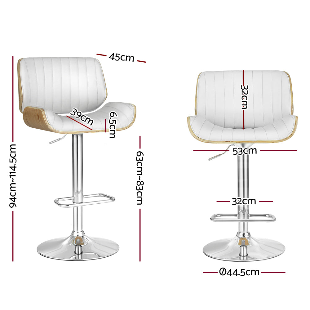 Adjustable bar stool with white cushioned seat, light wood edges, chrome footrest base