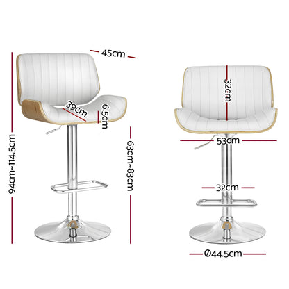 Adjustable bar stool with white cushioned seat, light wood edges, chrome footrest base