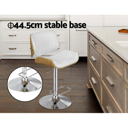 Adjustable bar stool with white padded seat, light wood trim, chrome round stable base