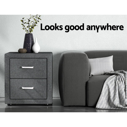 Artiss 2X Bedside Table 2 Drawers Side Table Fabric - CADEN Grey