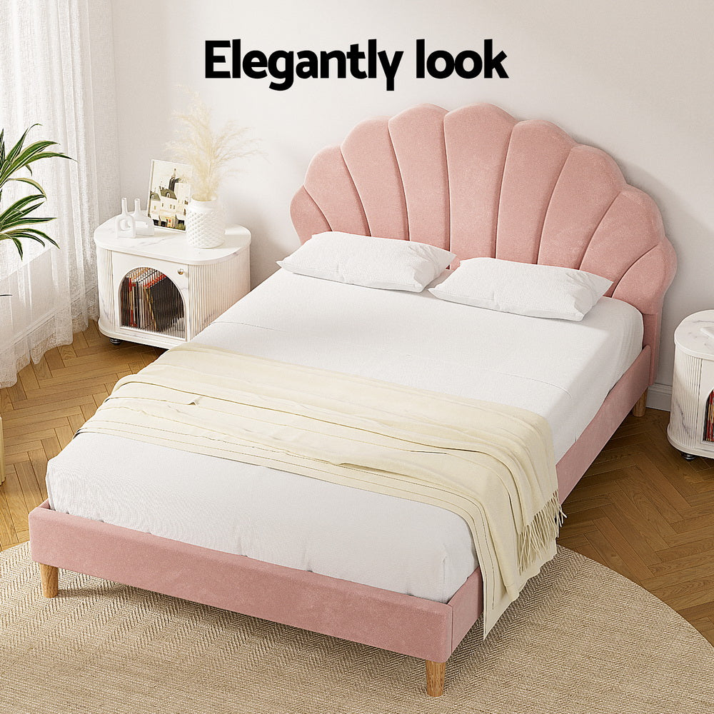 Artiss Bed Frame Double Size Scallop-Shape Bedhead Beds Base Pink Velvet Fabric