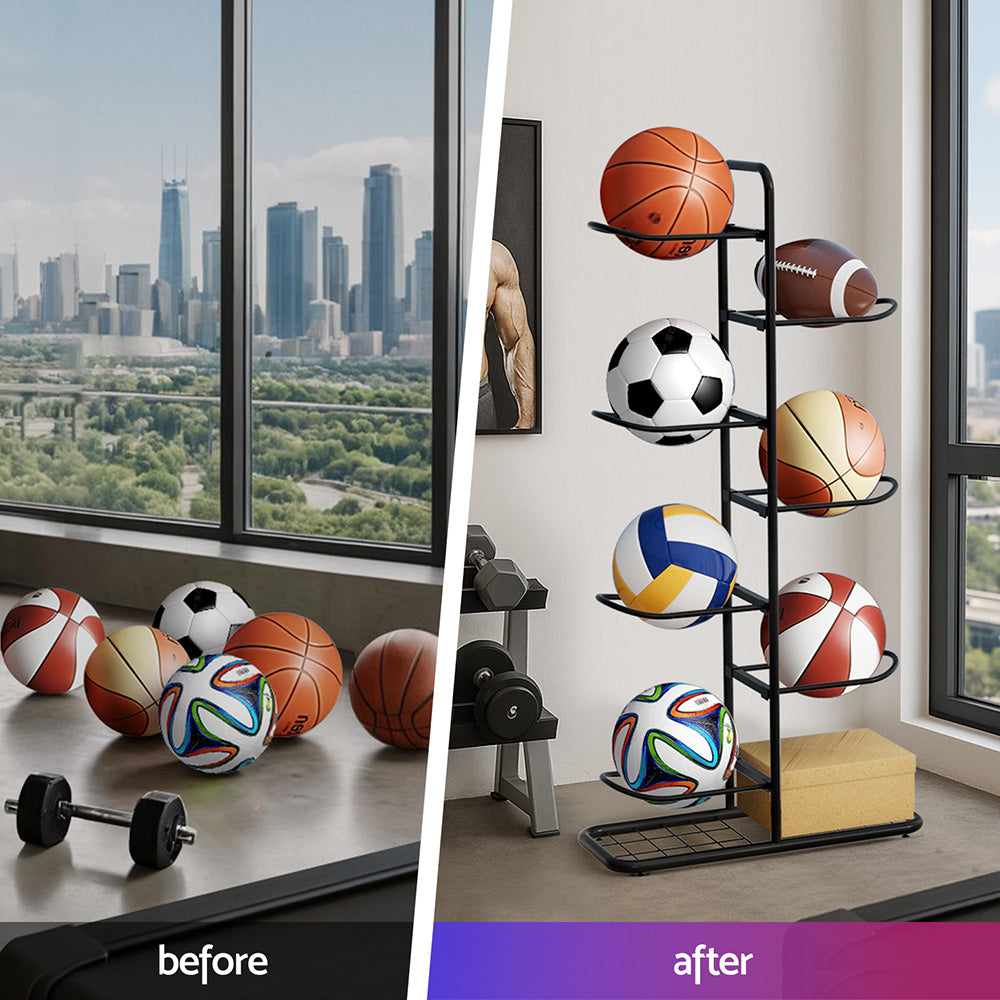 Everfit Ball Storage Rack Sports Equipment Organizer 7-Tier Holder for Garage Gym Black