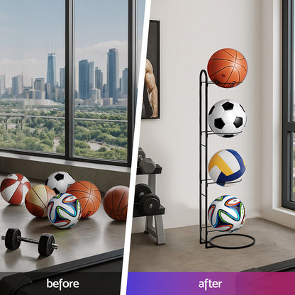 Everfit Ball Storage Rack Sports Equipment Organizer 4-Tier Holder for Garage Gym Black