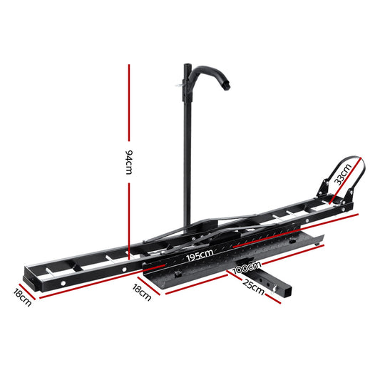 Adjustable-height towbar motorcycle ramp, black steel with red reflector strips