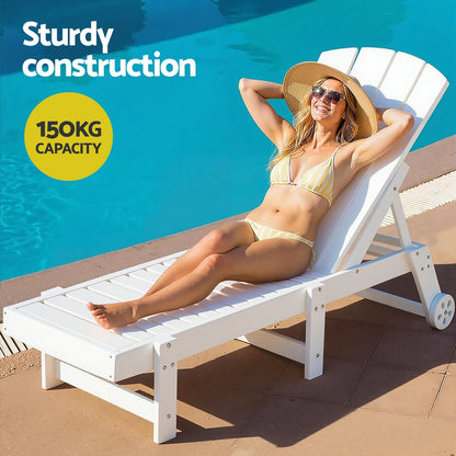 Gardeon Sun Lounge Beach Chair HDPE Adirondack Lounger Patio Outdoor Furniture with Wheels White