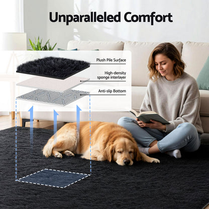 Artiss Floor Rug 200x290cm Plush Area Shaggy Rug Living Room Bedroom Carpet Black