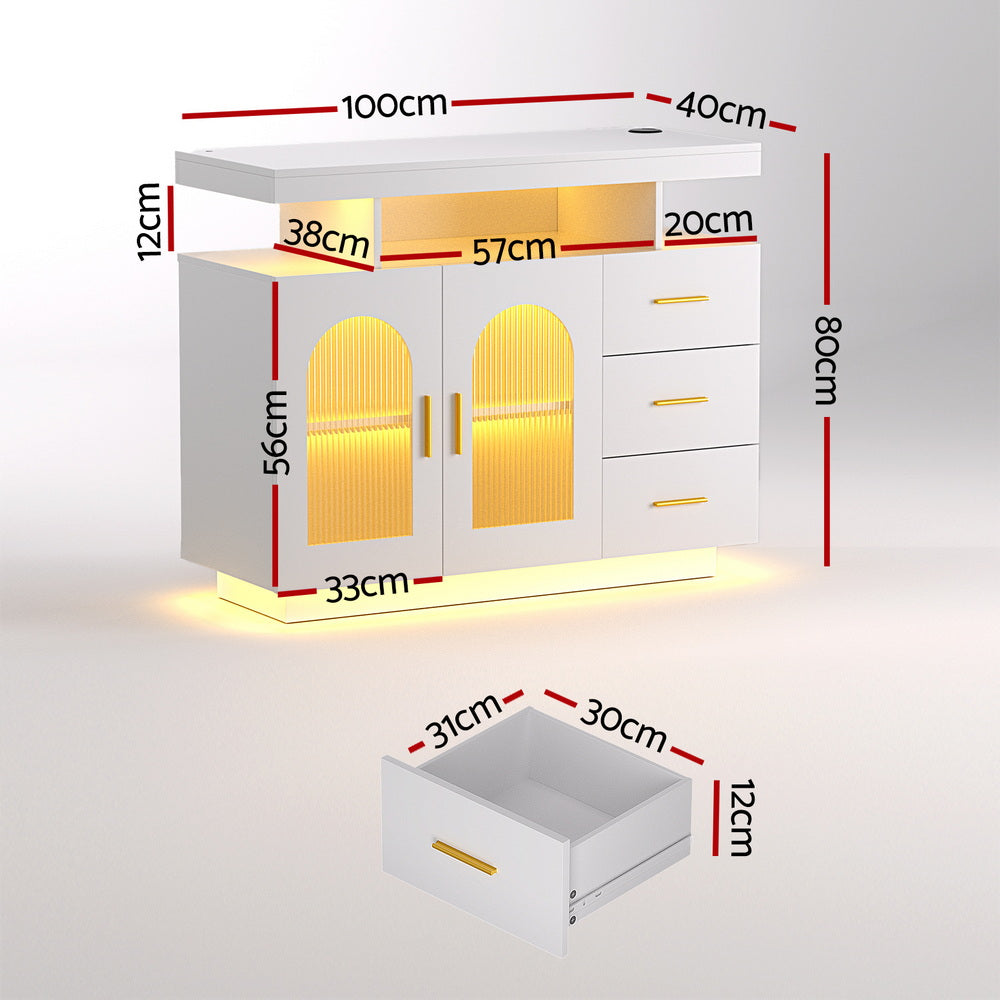 Artiss Buffet Sideboard Cabinet LED Clear Door Kitchen Storage Drawers White