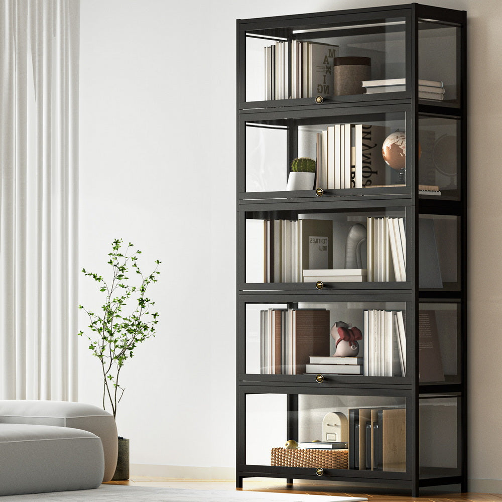 Artiss 5-Tier Display Cabinet Storage Bookshelf Clear Shelf Black