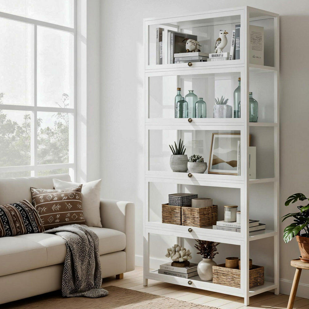 Artiss 5-Tier Display Cabinet Storage Bookshelf Clear Shelf White
