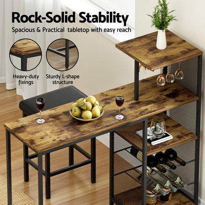 Artiss Industrial Bar Table with Wine Rack Cup Holder Multi-Level Storage 122cm Walnut