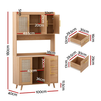 Artiss Buffet Sideboard Hutch Storage Cabinet Kitchen Cupboard Hooks Rattan Pine